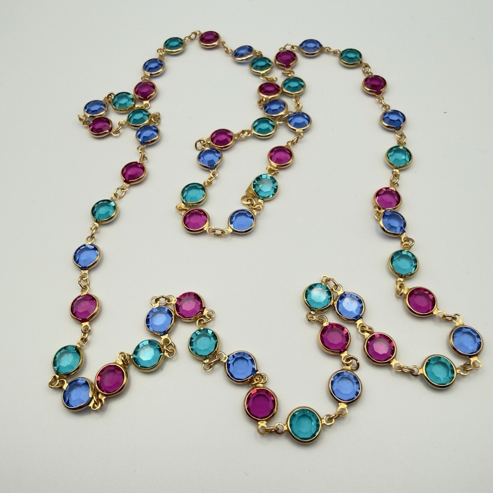 Swarovski Crystal Station Necklace 32in Endless Multicolor Gold Tone Signed Long